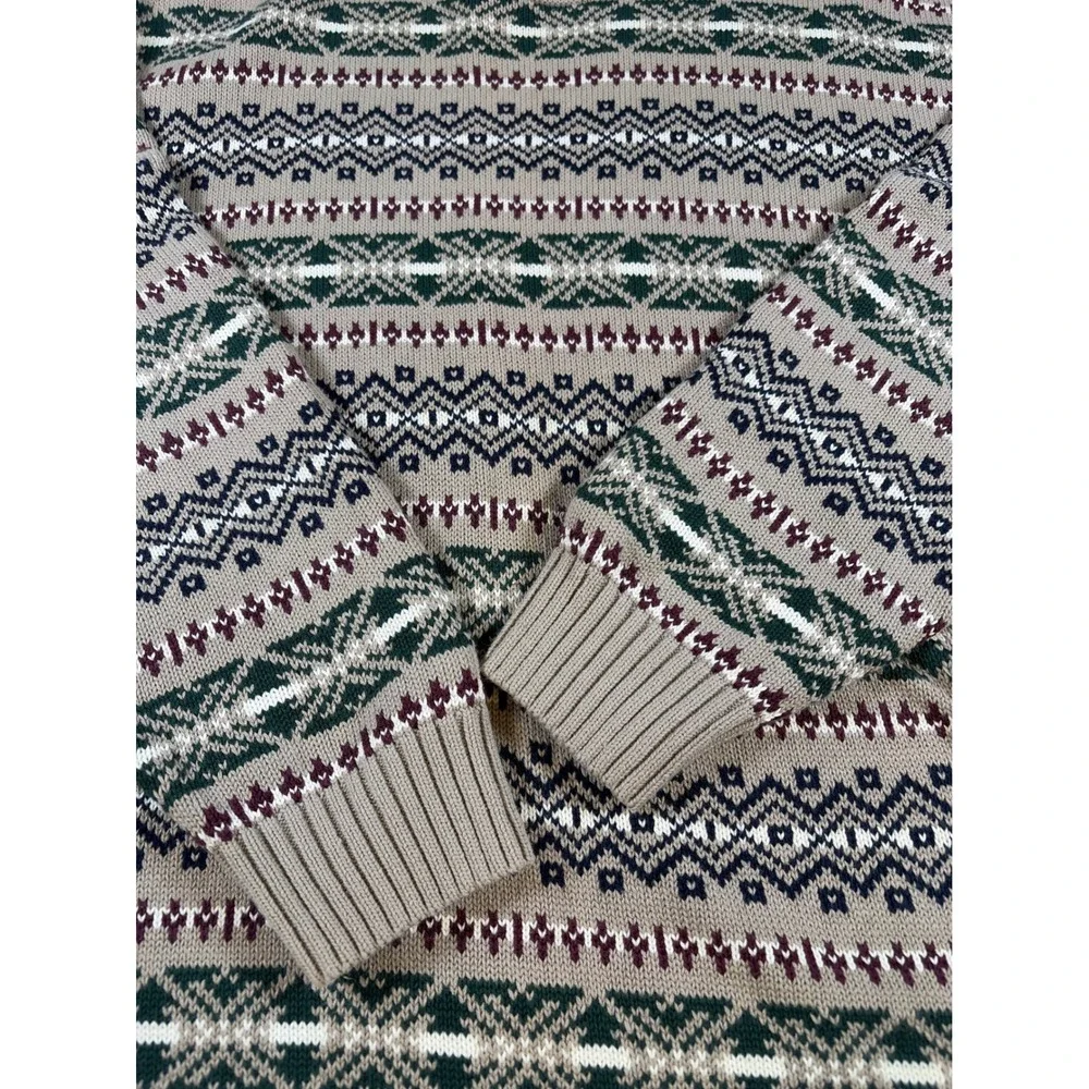 VNTG 90's Dockers Men Large Cotton Fair Isle Crewneck Sweater Tan Green Burgundy